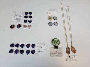 lot 540 image: Lot of Vintage Buttons (WWI Era) 4H MN State Fair Badge, and Pair of Frank Viola MVP Flattened Penny Necklaces