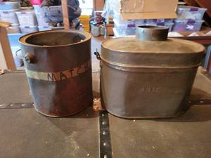 lot 407 image: 1920s MinersCampers LISK Lunchbox and Gallon Bucket of Matchbooks