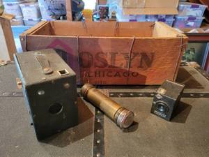 lot 408 image: Antique YALE Flashlight, Cameras and JOSLYN Crate - NO SHIPPING