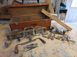 lot 56 image: Antique Tool Box with Hand Drills, Plane and Draw Knife