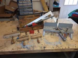 lot 60 image: Ingersoll-Rand Millers Falls Cast Iron Miter Box (Part No. 1124), (3) Jorgensen Wood Clamps, Craftsman Aluminum Square and (2) Bar Clamps - NO SHIPPING