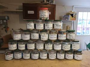 lot 68 image: (29) Jars of Sorted Hardware - Deck Screws, Brass Screws, Plastic Caps, Markers, Anchors, Hinges, Washers and More - NO SHIPPING