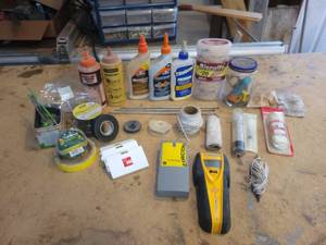 lot 70 image: Chalk Line, Wood Glue, Biscuits, Plumb Bob, Stud Sensors, Tape and More