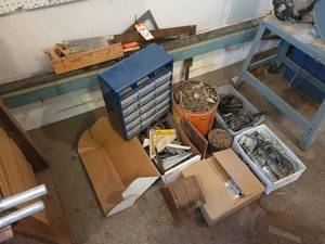lot 78 image: Parts Organizer, Can of Nails, Knives and Block, Shelf Brackets and More - NO SHIPPING