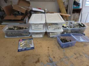 lot 79 image: Lot of Hardware in Shoebox Totes - Door Hardware, Hinges, Utility Knives and More - NO SHIPPING