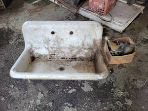 lot 120 image: Antique Cast Iron  Porcelain Sink and Box with Faucet and More - NO SHIPPING