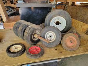 lot 121 image: Lot of (10) Tires - (4) Pneumatic 2-Wheel Dolly Tires, Lawn Mower Wheels, Tractor Tire, and More NO SHIPPING