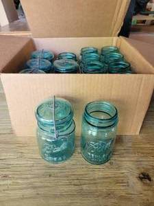 lot 143 image: Lot of (5)  BLUE Glass Lid and Wire Bail Pint Ball Jars and (9) Ball Perfect Mason Pint Jars with no lids - NO SHIPPING
