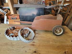 lot 172 image: Small Garden Cart, Steel Container with Nails, and More - NO SHIPPING