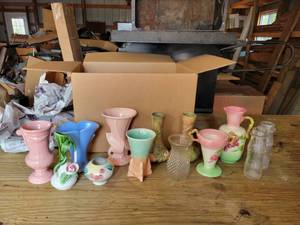 lot 174 image: Collection of Vintage Pottery and Glass Vases - McCoy, Weller Apple Pottery - ca. 1910s, Hull Tokay Pieces, and More NO SHIPPING
