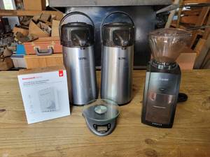 lot 179 image: Pair of Thermos Airpots, Taylor Kitchen Scale, Baratza Coffee Grinder, and Honeywell Electric Heat Thermostat - NO SHIPPING