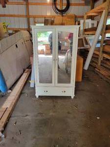 lot 230 image: Mirrored 2-Door Cabinet with Off-White Trim and Brushed Nickel Hardware - NO SHIPPING