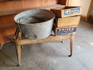 lot 244 image: Vintage WHEELINE Double Sink Stand, Galvanized Washtub, Crates and More - NO SHIPPING