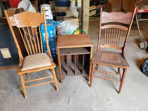 lot 284 image: Pair of Press-Back Chairs and Antique Record Stand - NO SHIPPING