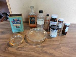 lot 328 image: Vintage Bottles and Ash Trays - Waseca, MN Drug Store (Stuckys), Chippewa Indian Medicine Company St. Paul, MN and More
