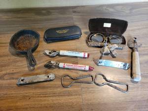 lot 330 image: Antique Eyeglasses, Waseca, MN Glasses Case, Hamms Bottle Openers, Mini Cast Iron Pan (Farm & City Center - Cedar Falls, IA) and More