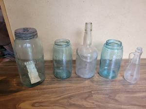 lot 331 image: Antique Kaiser Wilhelm Bitters Glass Bottle, Woodbury 12 Gallon Blue Mason Jar - Patent 1884, (2) Very early Masons Jars (Quart) and More