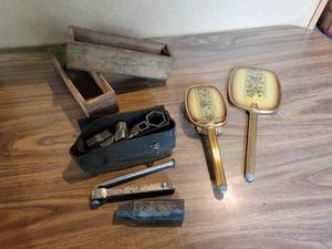 lot 332 image: Antique B-R Socket Set in Leather Case, (2) Cheese Boxes and Antique Hand Mirror & Brush Set