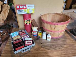 lot 334 image: Vintage Auto-Mobilia Trivia Game, Vintage KATS Engine Heater, Apple Basket, Vintage Tins, Disney Cassette Tapes and Cheese Box - NO SHIPPING