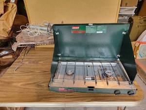 lot 336 image: Coleman (2) Burner Camp Stove, Grates and (2) Screw in Posts - NO SHIPPING