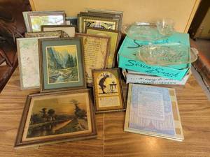 lot 341 image: Many Antique and Vintage Framed Lithograph Prints and Vintage Glass Snack Sets - NO SHIPPING