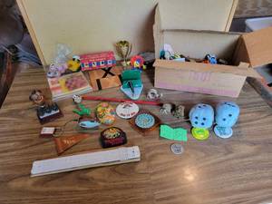 lot 348 image: Large Lot of Vintage Knick-Knacks, toys, Wooden Nickels, Fuzzy Dice, Advertising and More