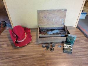 lot 365 image: Vintage Roy Rogers & Trigger Hat and Wood Case of Assorted Erector Set Parts and Tobacco Tins