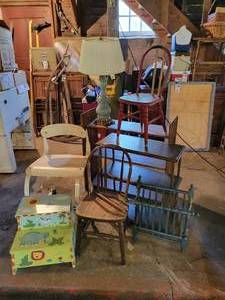 lot 370 image: Lot of Vintage Furniture - Chairs, Shelves, Lamp, and More NO SHIPPING
