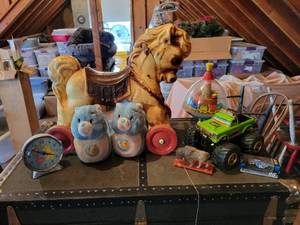 lot 436 image: Vintage Toys - WONDER the Rolling Ride-On Horse, Care Bears Clock & Slippers, and MORE