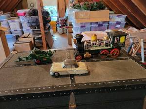 lot 440 image: Vintage Oliver Bailer, Chevy Coupe Bank, and Railroad Engine