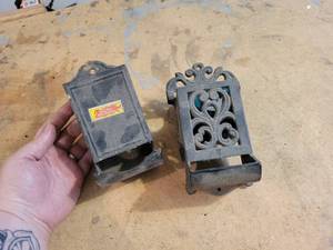 lot 474 image: Vintage Pair of Match Dispensers - Cast Iron Wall-Mounted and Tin WallShelf
