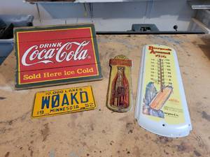 lot 480 image: Lot of Vintage Thermometers - Dr. Pepper, Burpee, Coca-Cola Sign, and License Plate