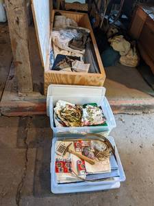 lot 7 image: Large Lot of Upholstery Fabric and Supplies in Chest (72 x 25 x 13) and Several Totes Full - NO SHIPPING