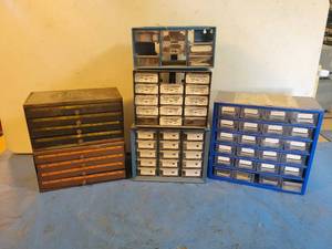 lot 1225 image: (6) Parts Cabinets with Contents Discrete Resistors, Coilcraft Surface Mount Inductors, Garrett Surface Mount Capacitors and More - NO SHIPPING