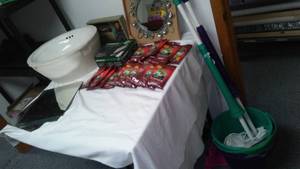 lot 74 image: Misc. Sink Mops, Buckets, Framing Nails, Floor Tile, Decor and More.