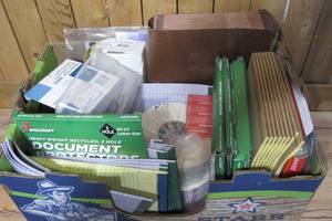 Box of office supplies - Labels, Staple removers, Note books, Clips and more