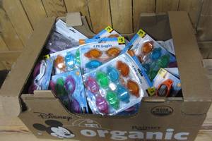 Box of swimming goggles mixed size types and styles all new