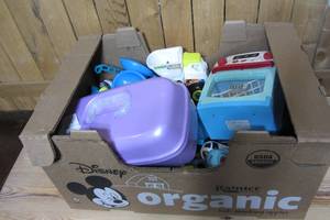 Box of assorted kids toys - Beach- space - Jewelry- kitchen