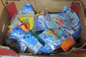 Box of new floaties and beach balls- tubes and more