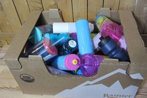 Box of new mixed water bottles and cups