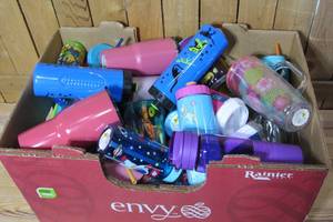 Box of new mixed water bottles and cups
