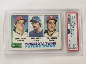lot 14 image: Kent Hrbek, Tim Laudner, Lenny Faedo Rookie 1982 Topps Twins Future Stars #766 PSA Mint 9