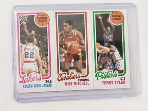 lot 50 image: Kareem Abdul-Jabbar 132, Mike Mitchell 56, Terry Tyler 81 1980 Topps Scoring Leaders Tear Away Card
