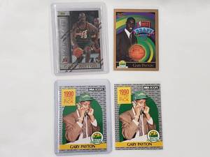 lot 63 image: Lot of 4 Gary Payton 2x 1990 NBA Hoops Lottery Draft Pick Rookie #391, Skybox Rookie NBA Draft #365, Topps Holding Court #HC14