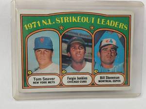 lot 115 image: 1971 N.L. Strikeout Leaders Tom Seaver, Fergie Jenkins, Bill Stoneman Topps #95