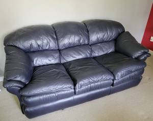lot 52 image: Blue Leather Overstuffed Leather Sofa