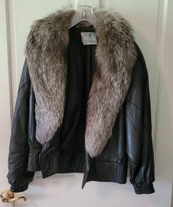 lot 69 image: Ladies Black Leather Jacket with Fox Collar
