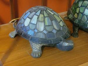 lot 219 image: Adorable Hand Sculpted Stained Glass Turtle Lamps - Pair