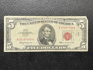 lot 2 image: Red Seal $5 Dollar Bill