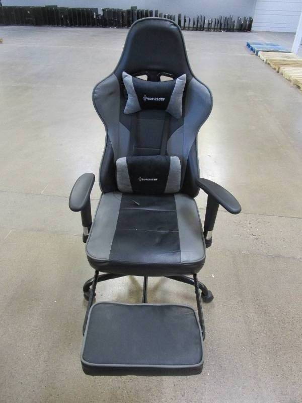 Von Racer Gray & Black Gaming Chair with Lumbar Massage Pillow (MISSING USB CORD, SMALL TEARS IN THE LEATHER)